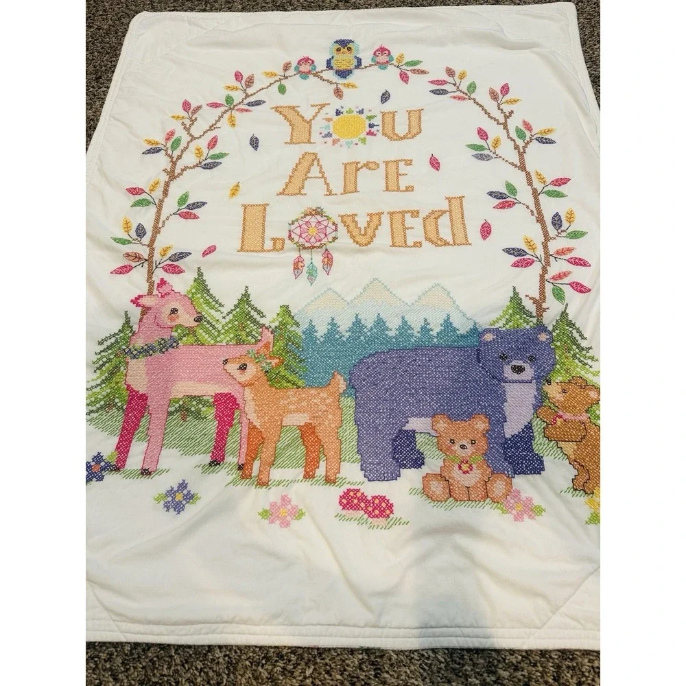 VTG Cross Stitch Baby Quilt Completed Crib Blanket Baby Animals 